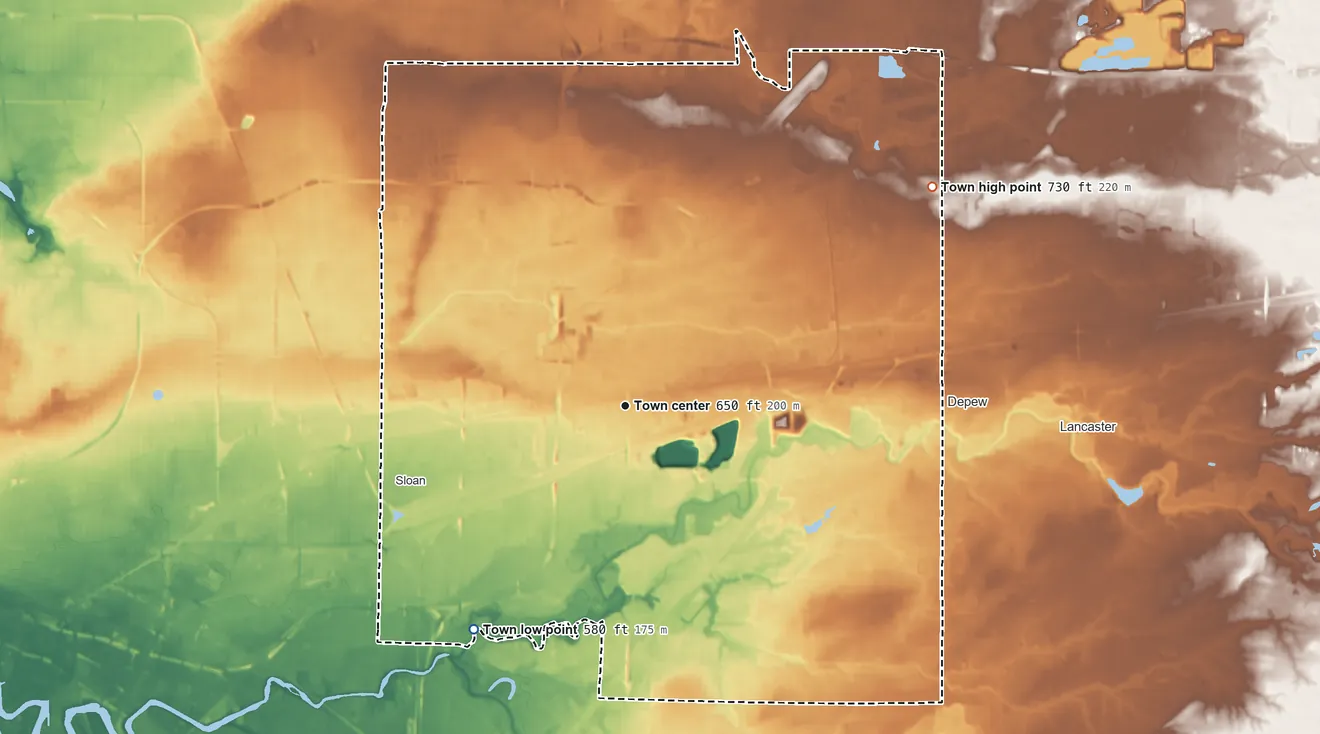Topographic elevation map of Cheektowaga, New York, shaded from 580 ft on the southwest side to 730 ft on the northeast side