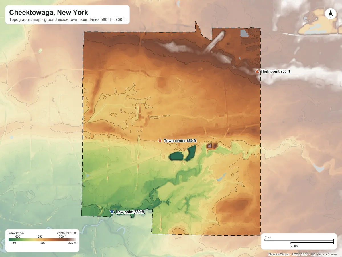 Topographic elevation map of Cheektowaga, New York, shaded from 580 ft on the southwest side to 730 ft on the northeast side