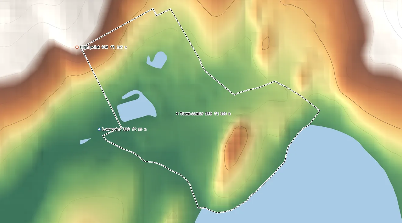 Topographic elevation map of Chelsea Cove, New York, shaded from 320 ft on the west side to 480 ft at the foot of the Sharp Hills