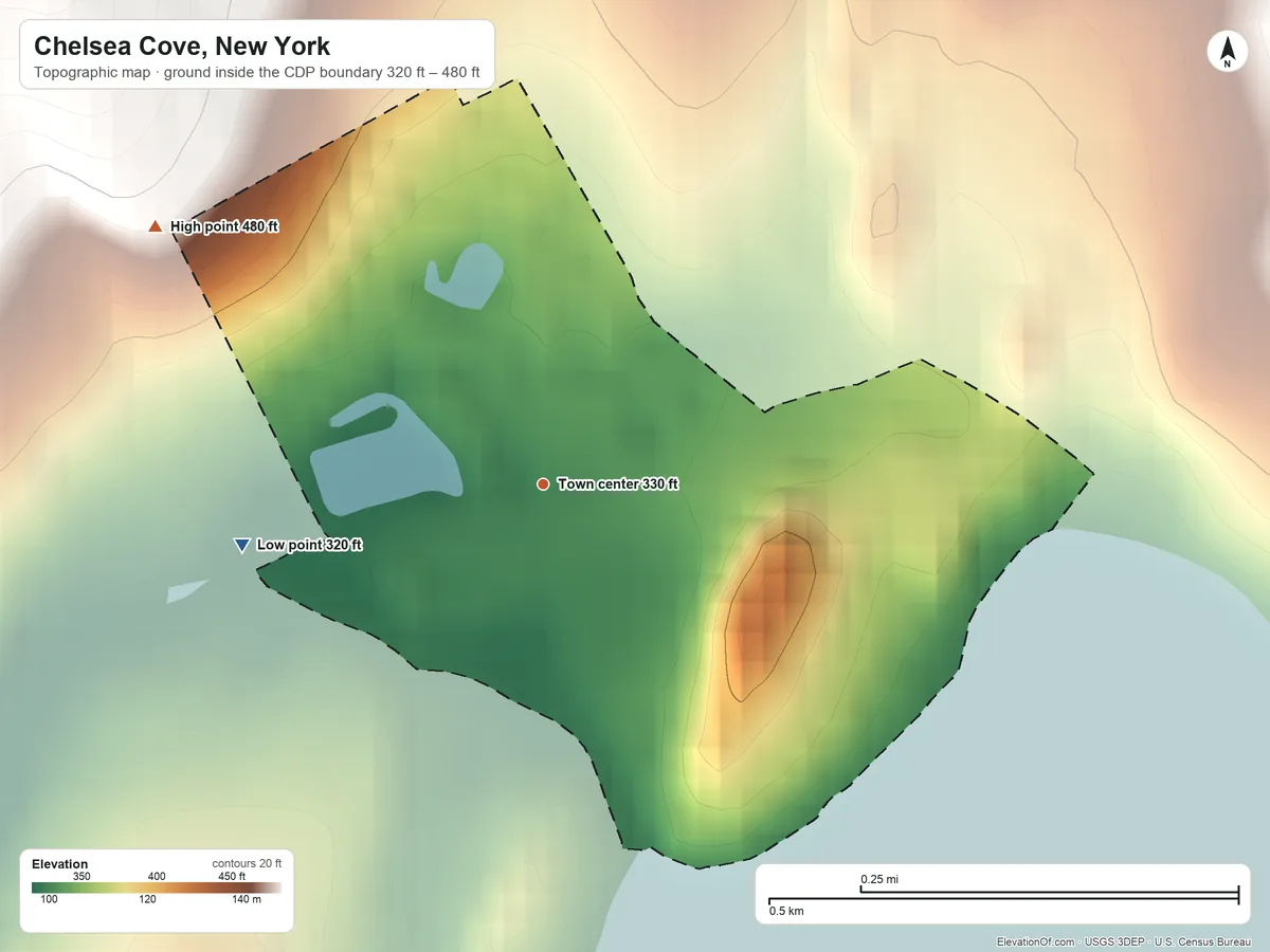 Topographic elevation map of Chelsea Cove, New York, shaded from 320 ft on the west side to 480 ft at the foot of the Sharp Hills