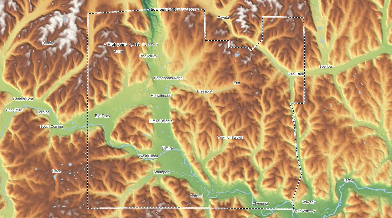Topographic elevation map of Chemung County, New York, shaded from 590 ft on the northwest side to 1,910 ft on the northwest side