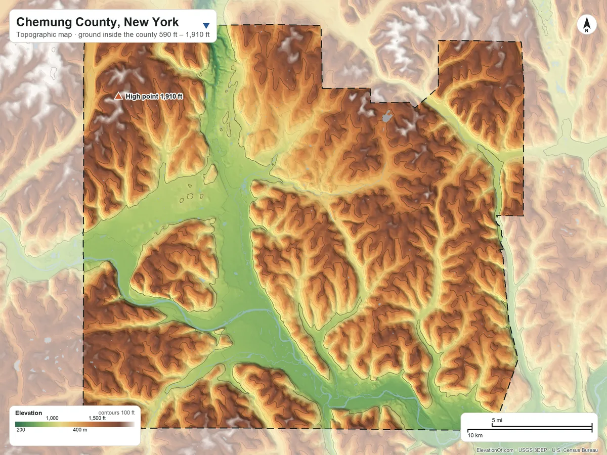 Topographic elevation map of Chemung County, New York, shaded from 590 ft on the northwest side to 1,910 ft on the northwest side