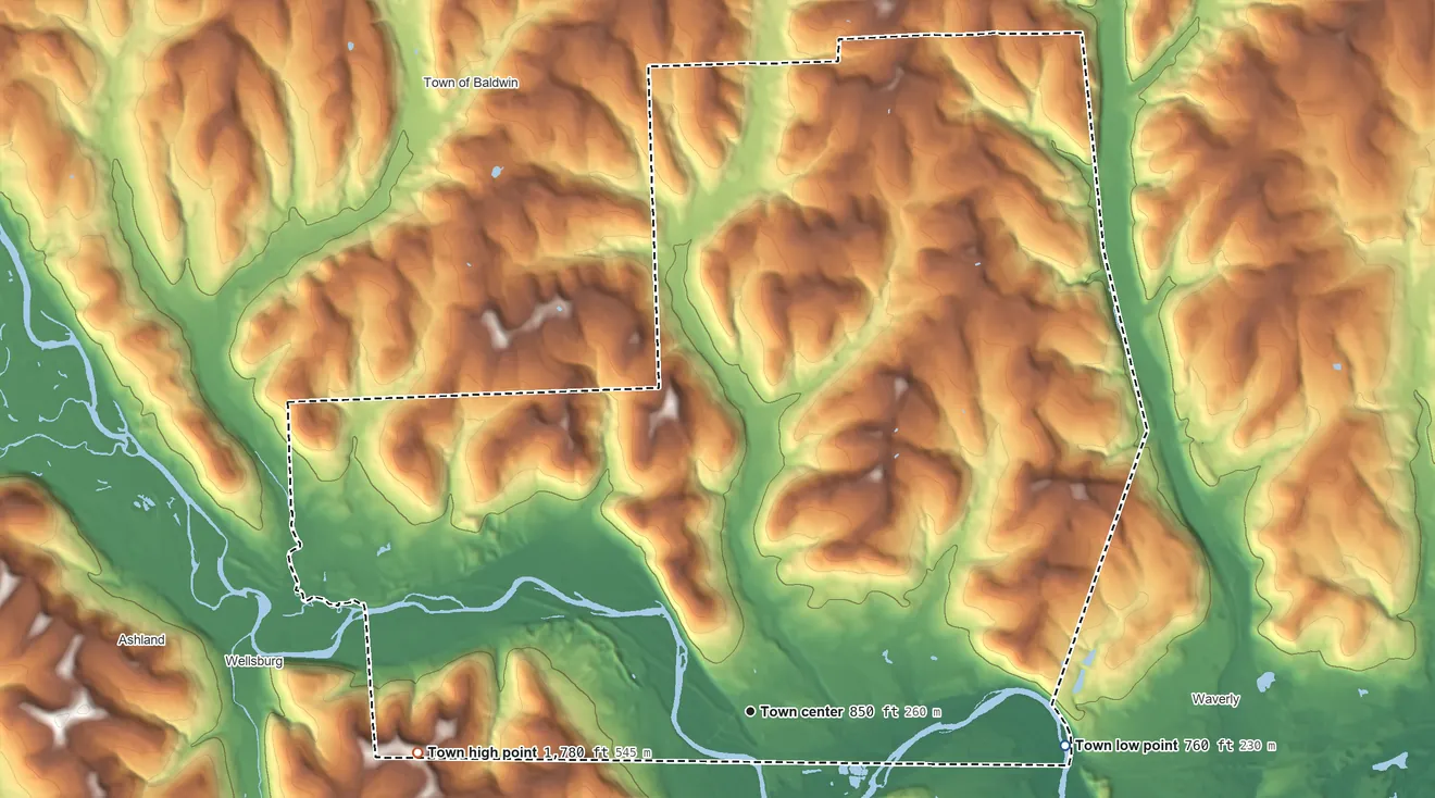 Topographic elevation map of Chemung, New York, shaded from 760 ft on the east side to 1,780 ft on the west side