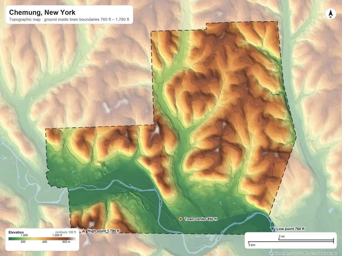 Topographic elevation map of Chemung, New York, shaded from 760 ft on the east side to 1,780 ft on the west side