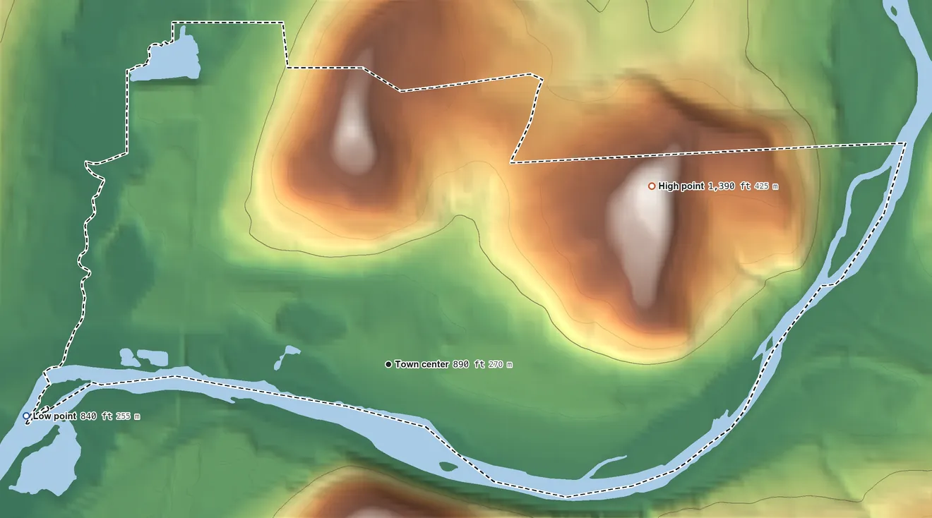 Topographic elevation map of Chenango Bridge, New York, shaded from 840 ft on the west side to 1,390 ft on the northeast side