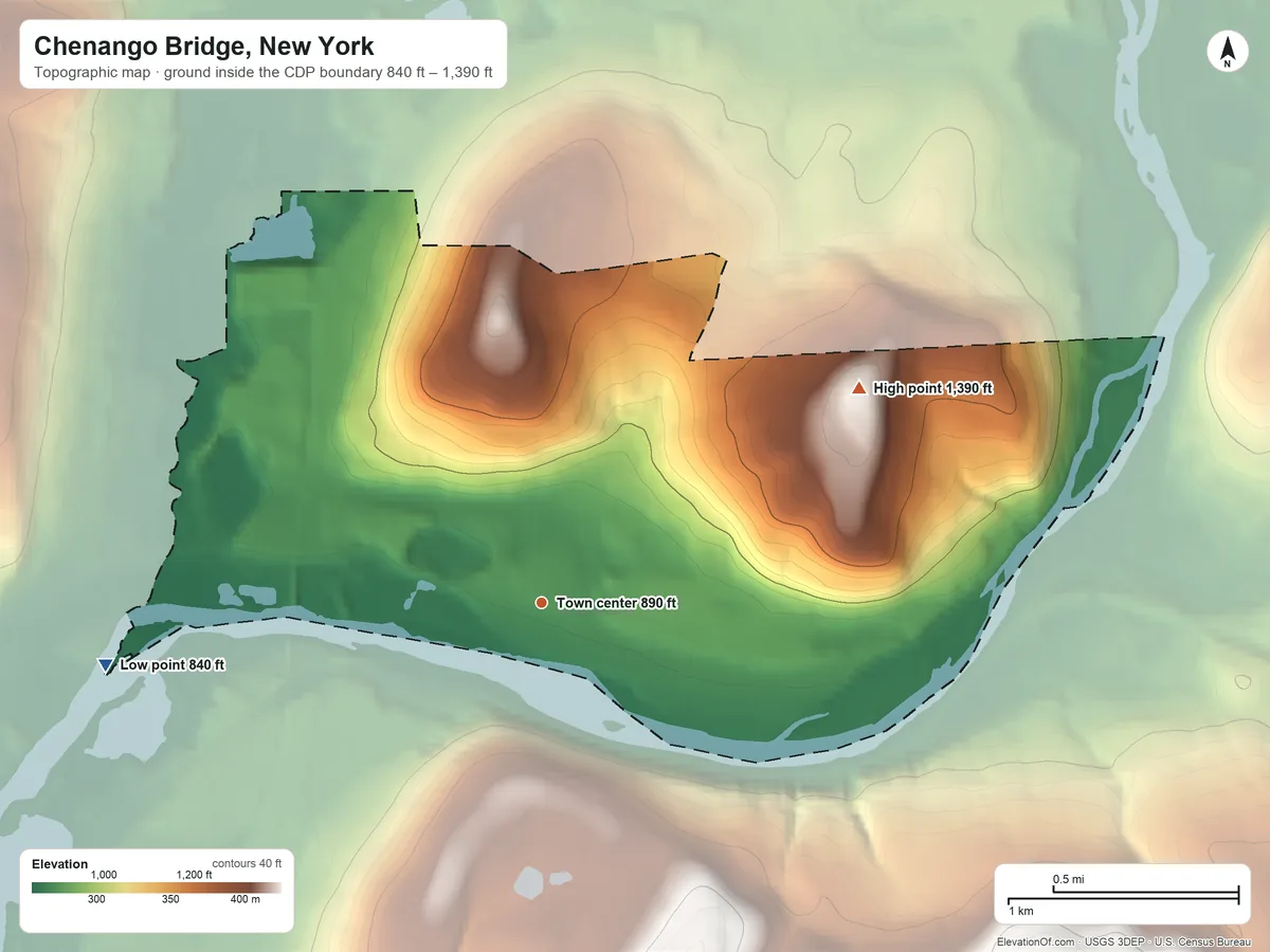 Topographic elevation map of Chenango Bridge, New York, shaded from 840 ft on the west side to 1,390 ft on the northeast side