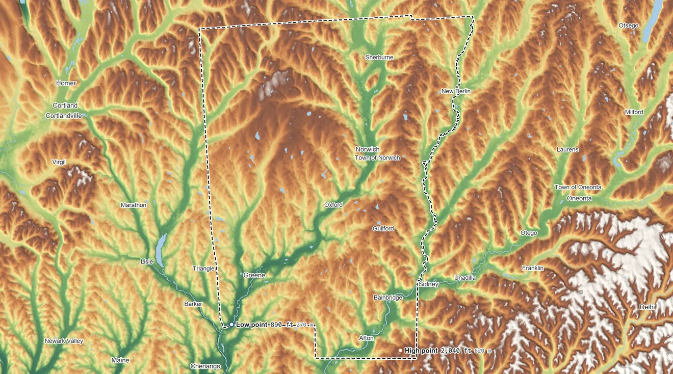 Topographic elevation map of Chenango County, New York, shaded from 890 ft on the southwest side to 2,040 ft on the south side