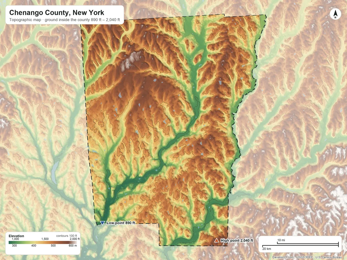 Topographic elevation map of Chenango County, New York, shaded from 890 ft on the southwest side to 2,040 ft on the south side