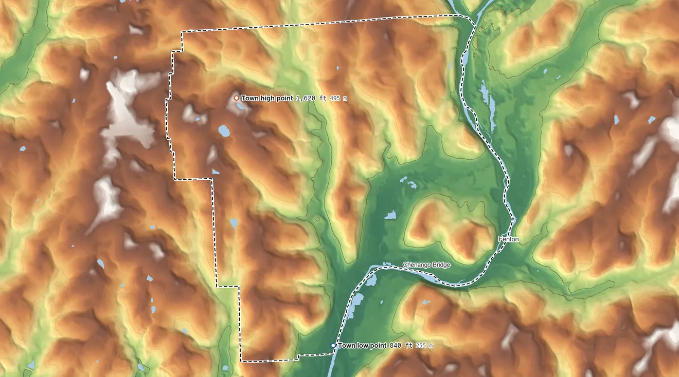 Topographic elevation map of Chenango, New York, shaded from 840 ft on the southwest side to 1,620 ft on the northwest side