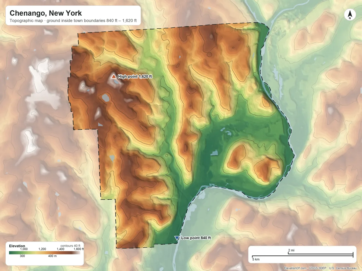 Topographic elevation map of Chenango, New York, shaded from 840 ft on the southwest side to 1,620 ft on the northwest side