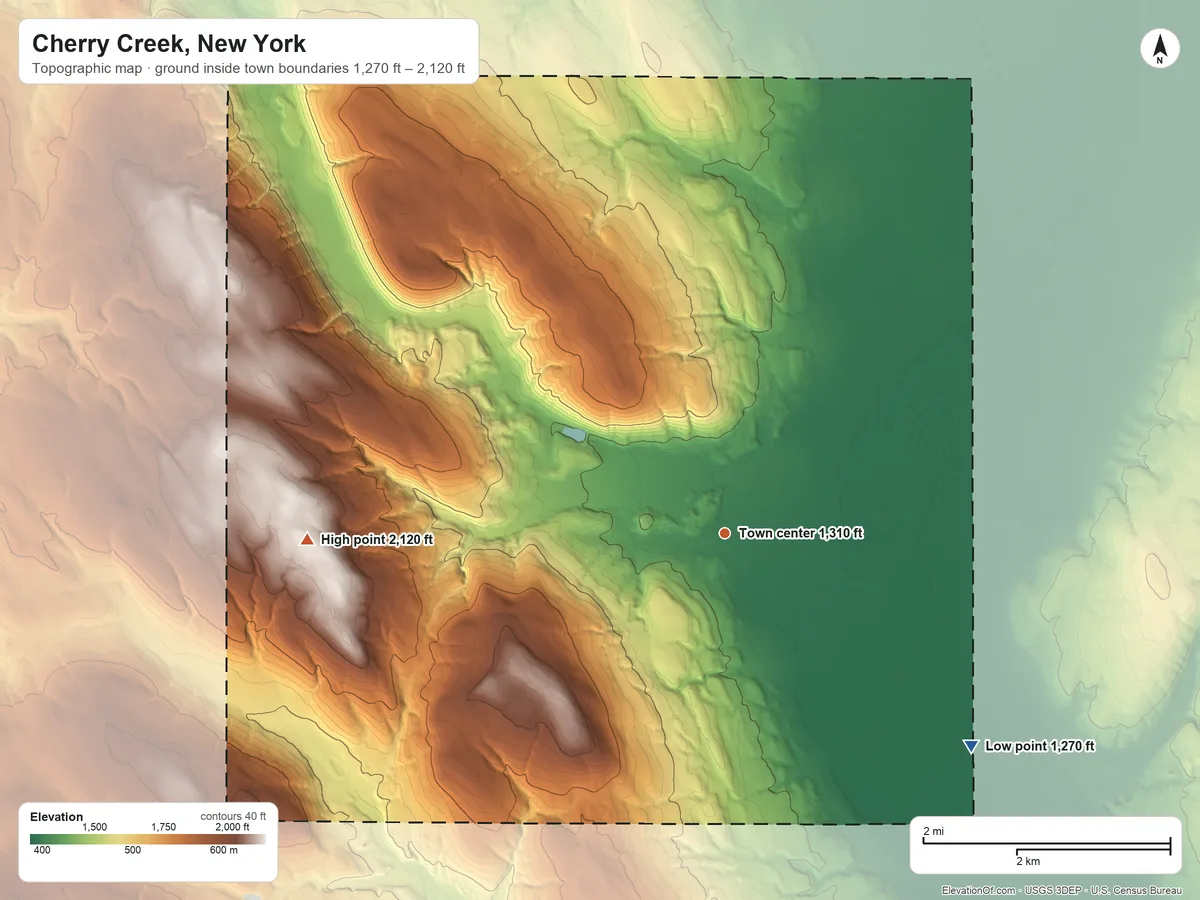 Topographic elevation map of Cherry Creek, New York, shaded from 1,270 ft on the southeast side to 2,120 ft on the west side