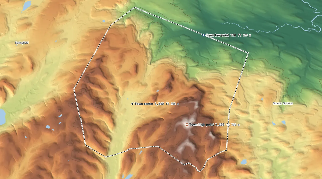 Topographic elevation map of Cherry Valley, New York, shaded from 730 ft on the northeast side to 2,300 ft on the east side