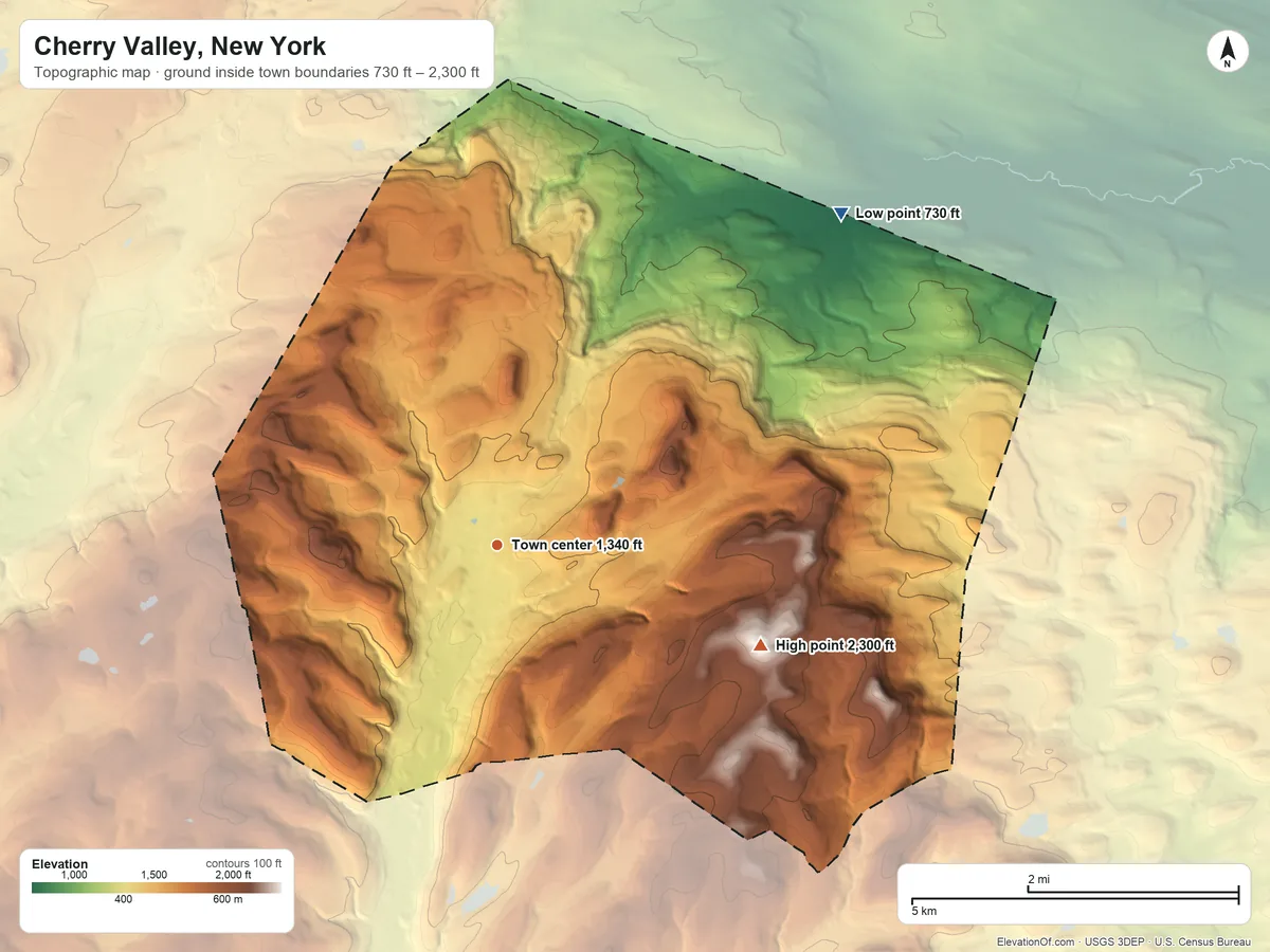 Topographic elevation map of Cherry Valley, New York, shaded from 730 ft on the northeast side to 2,300 ft on the east side