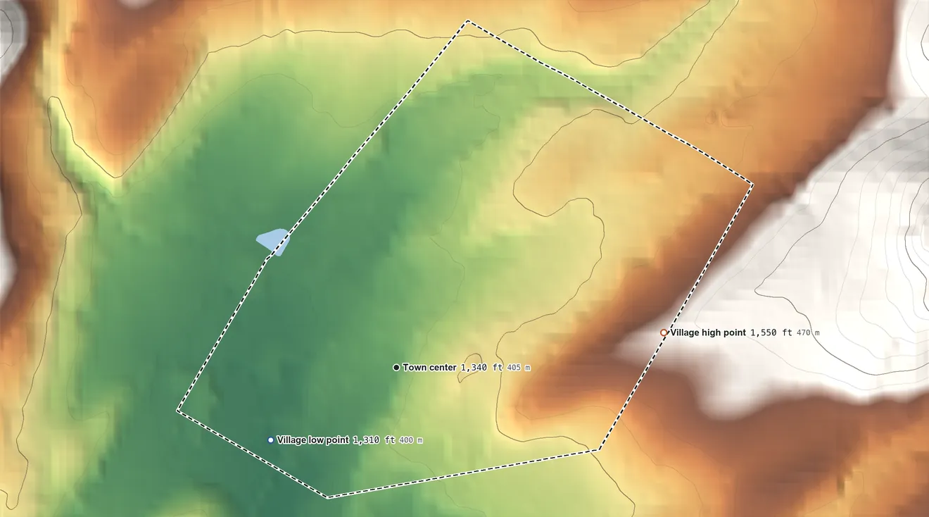 Topographic elevation map of Village of Cherry Valley, New York, shaded from 1,310 ft on the southwest side to 1,550 ft on the east edge, below higher ground just outside