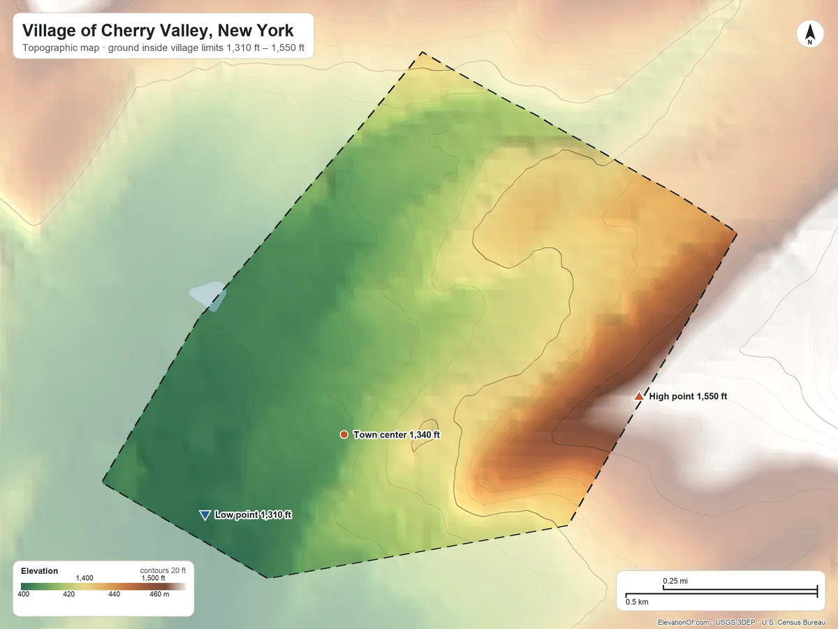 Topographic elevation map of Village of Cherry Valley, New York, shaded from 1,310 ft on the southwest side to 1,550 ft on the east edge, below higher ground just outside