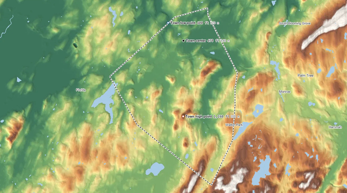 Topographic elevation map of Chester, New York, shaded from 400 ft on the northwest side to 1,140 ft on Sugarloaf Mountain