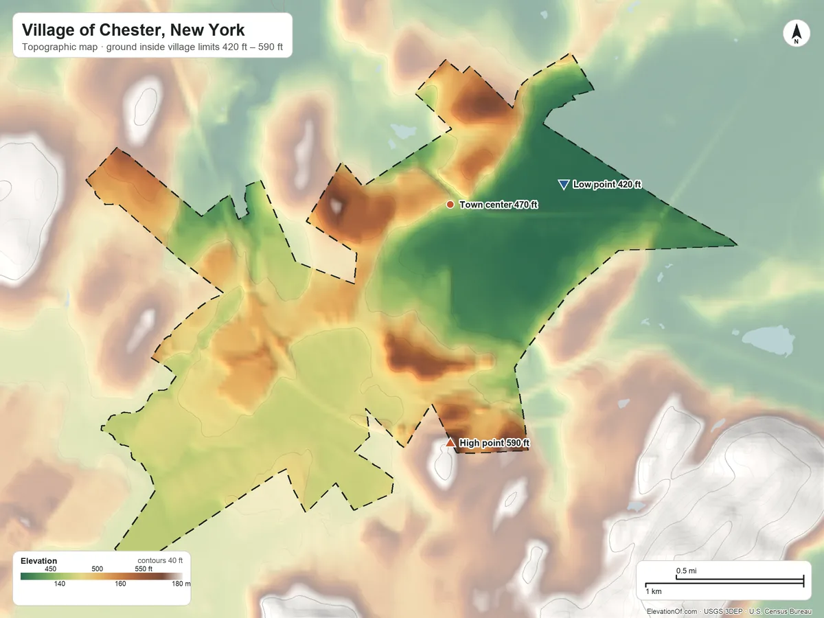 Topographic elevation map of Village of Chester, New York, shaded from 420 ft on the east side to 590 ft at the foot of the Huckleberry Hills