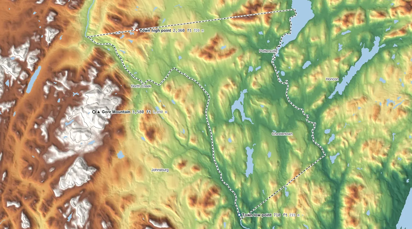 Topographic elevation map of Chester, Warren County, New York, shaded from 710 ft on the south side to 2,360 ft on the northwest side