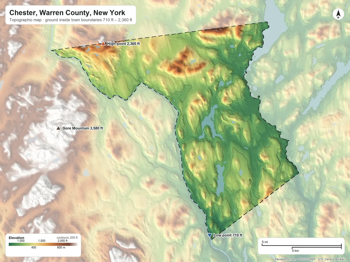 Topographic elevation map of Chester, Warren County, New York, shaded from 710 ft on the south side to 2,360 ft on the northwest side