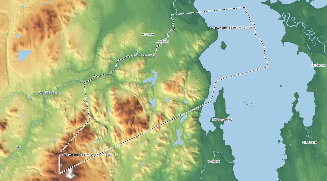 Topographic elevation map of Chesterfield, New York, shaded from 93 ft on the northeast side to 2,630 ft on Bitch Mountain