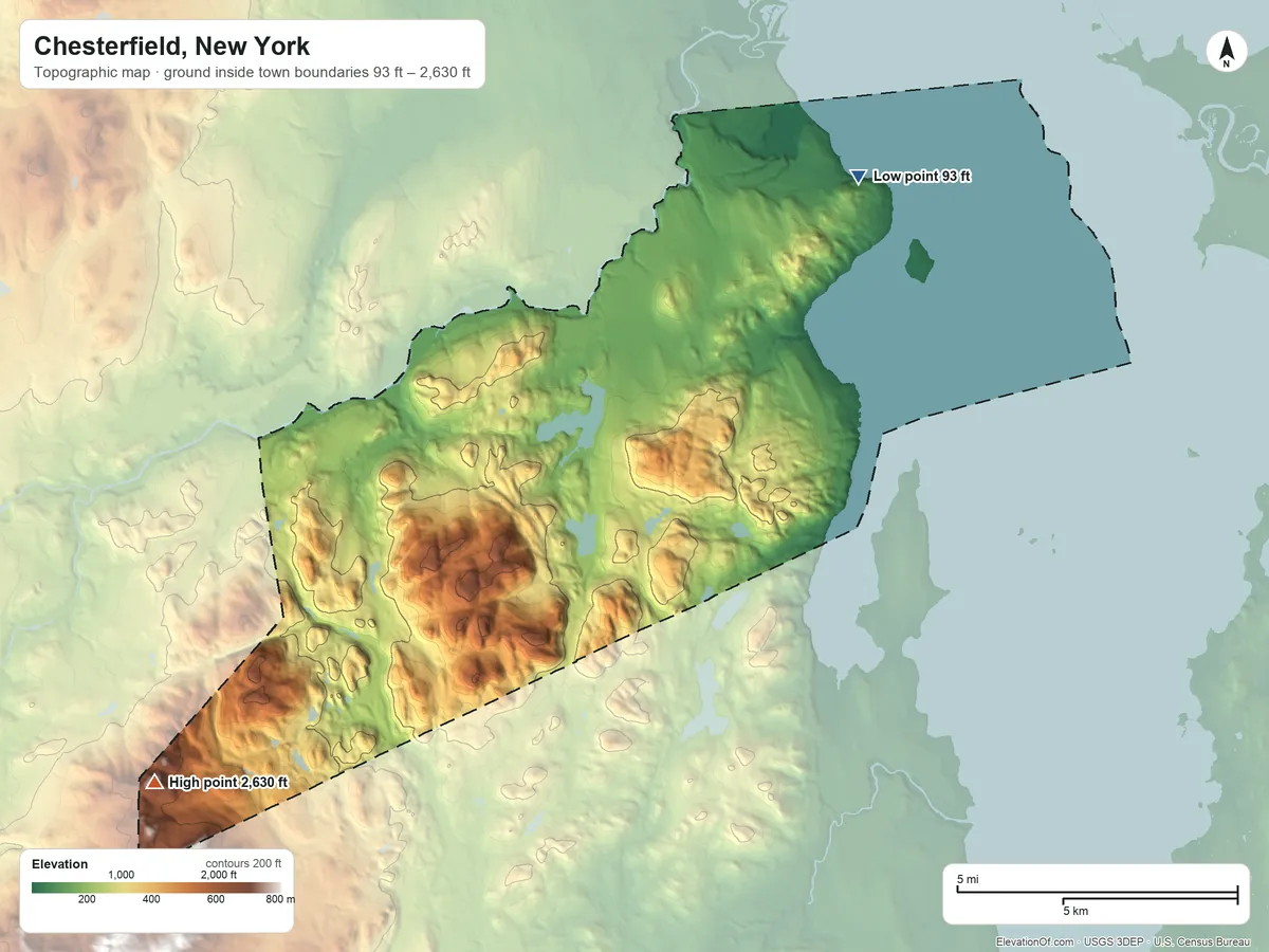 Topographic elevation map of Chesterfield, New York, shaded from 93 ft on the northeast side to 2,630 ft on Bitch Mountain