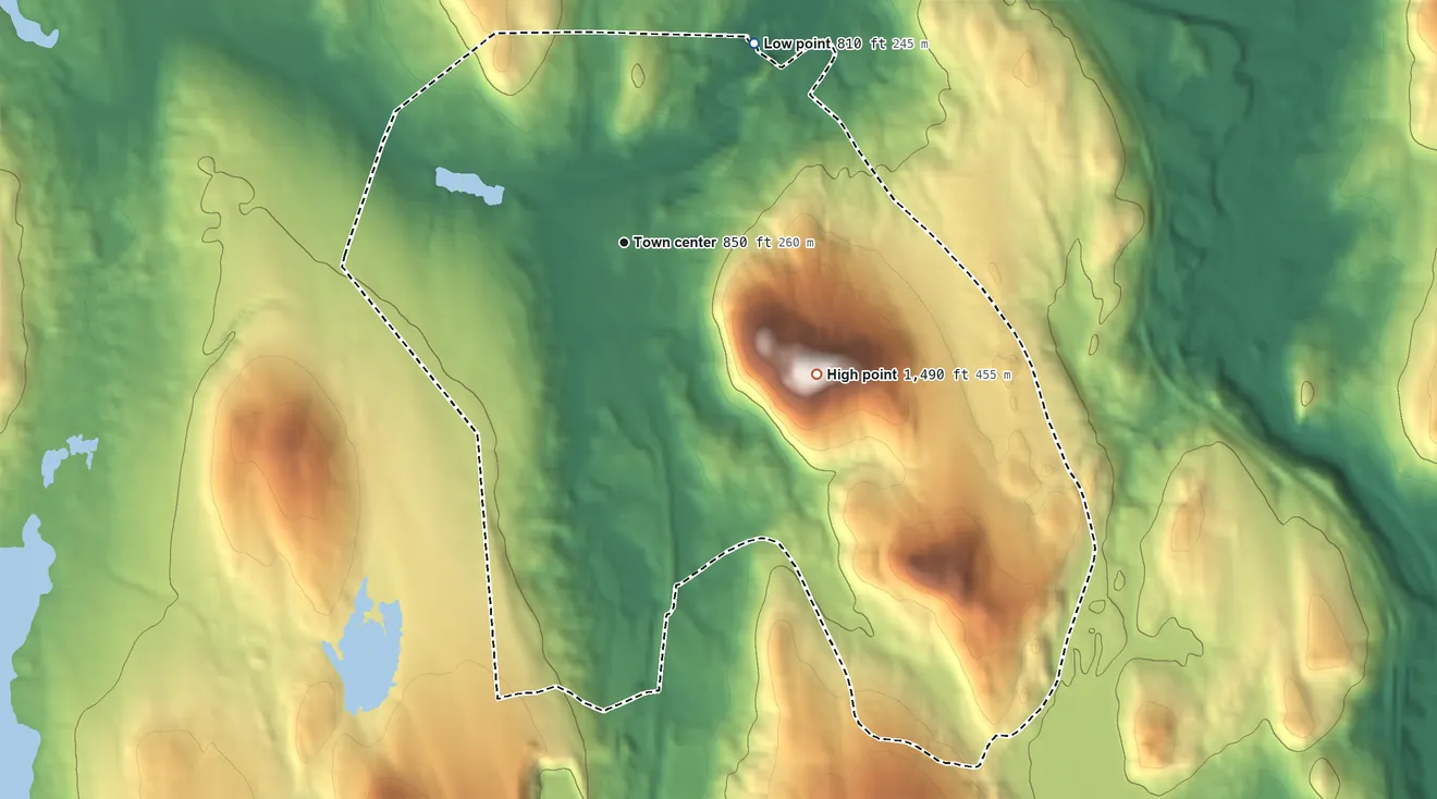 Topographic elevation map of Chestertown, New York, shaded from 810 ft on the northeast side to 1,490 ft on Panther Mountain