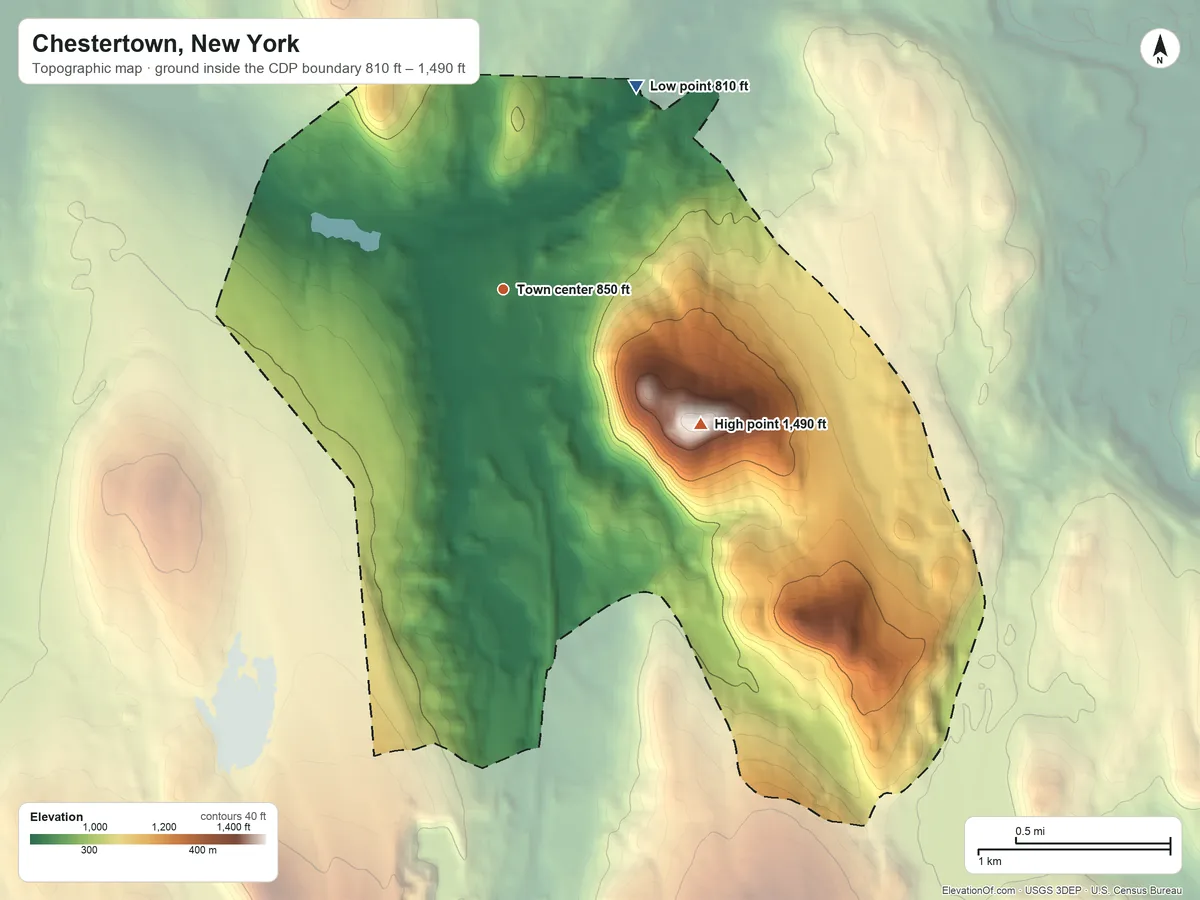 Topographic elevation map of Chestertown, New York, shaded from 810 ft on the northeast side to 1,490 ft on Panther Mountain