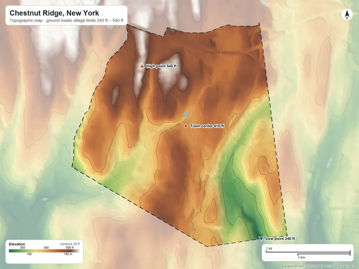 Topographic elevation map of Chestnut Ridge, New York, shaded from 240 ft on the southeast side to 540 ft on the northwest side