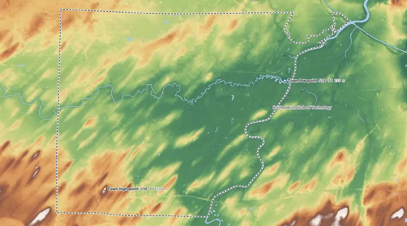 Topographic elevation map of Chili, New York, shaded from 510 ft on the east side to 690 ft on the southwest side