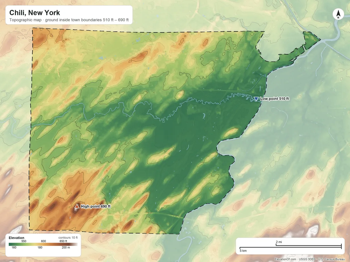 Topographic elevation map of Chili, New York, shaded from 510 ft on the east side to 690 ft on the southwest side