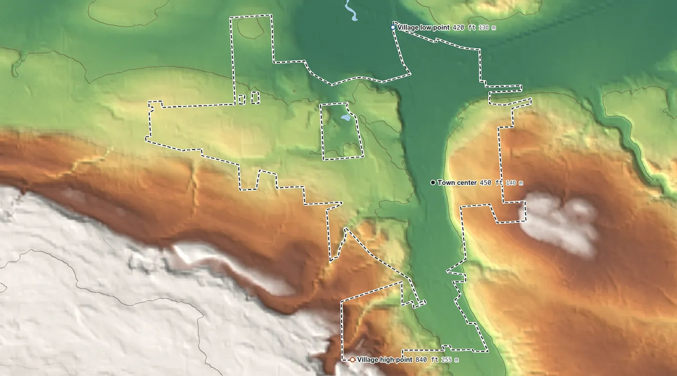 Topographic elevation map of Chittenango, New York, shaded from 420 ft on the north side to 840 ft on the southwest edge, below higher ground just outside