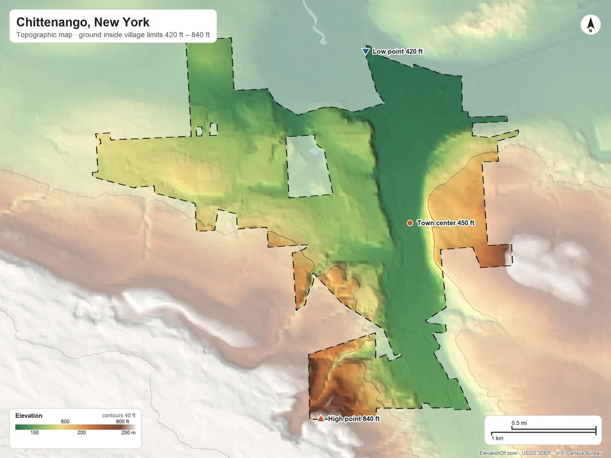 Topographic elevation map of Chittenango, New York, shaded from 420 ft on the north side to 840 ft on the southwest edge, below higher ground just outside