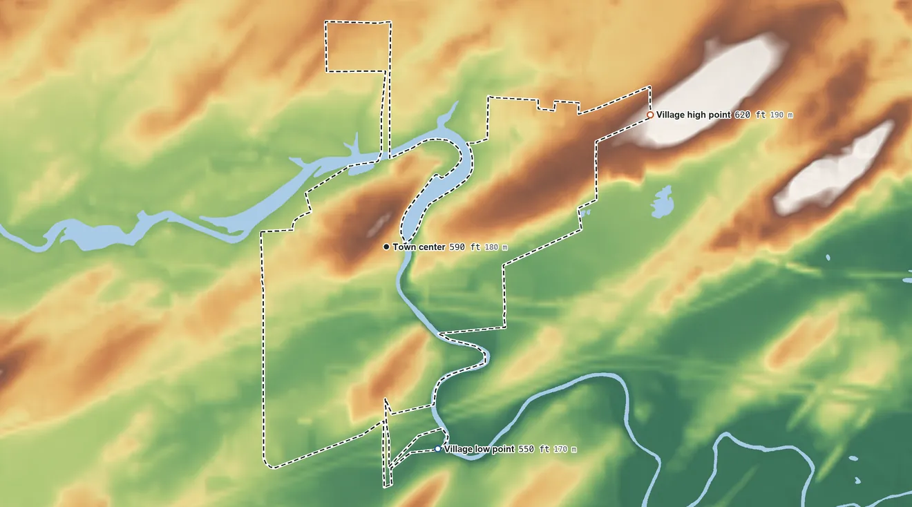 Topographic elevation map of Churchville, New York, shaded from 550 ft on the south side to 620 ft on the northeast side