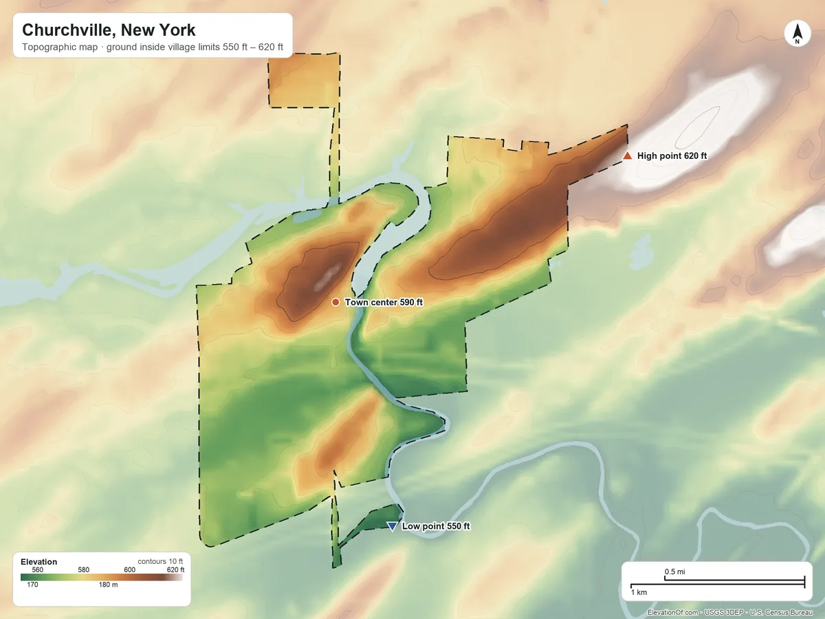 Topographic elevation map of Churchville, New York, shaded from 550 ft on the south side to 620 ft on the northeast side