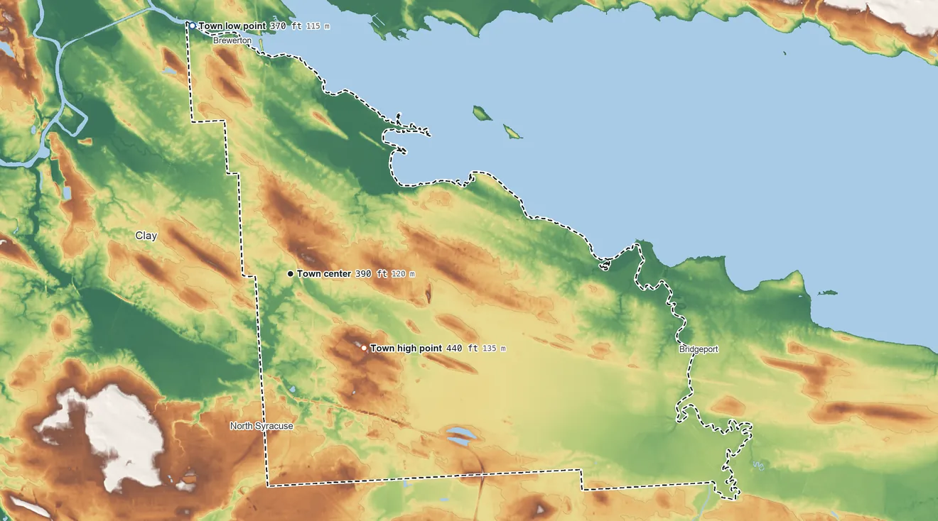 Topographic elevation map of Cicero, New York, shaded from 370 ft on the north side to 440 ft on the southeast side