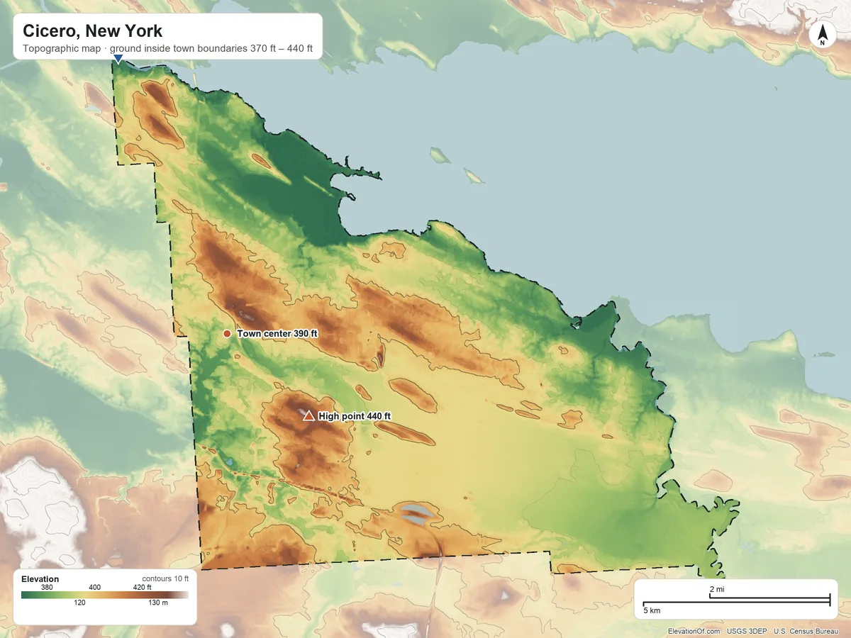 Topographic elevation map of Cicero, New York, shaded from 370 ft on the north side to 440 ft on the southeast side