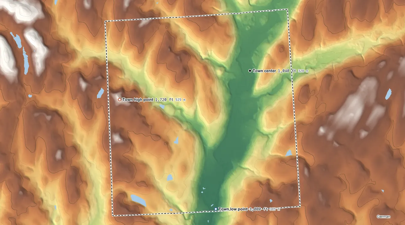 Topographic elevation map of Cincinnatus, New York, shaded from 1,000 ft on the south side to 1,720 ft on Dutch Hill