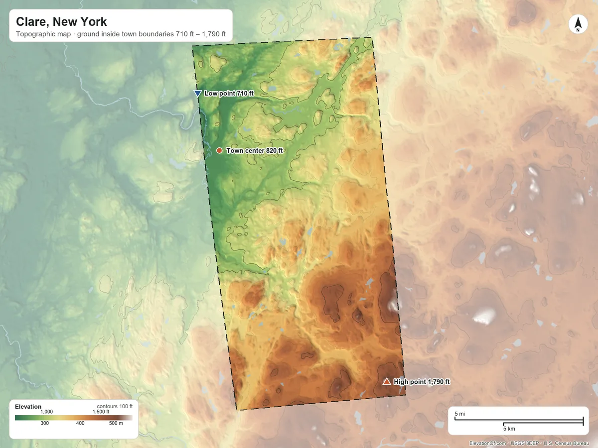 Topographic elevation map of Clare, New York, shaded from 710 ft on the north side to 1,790 ft on Tooley Pond Mountain