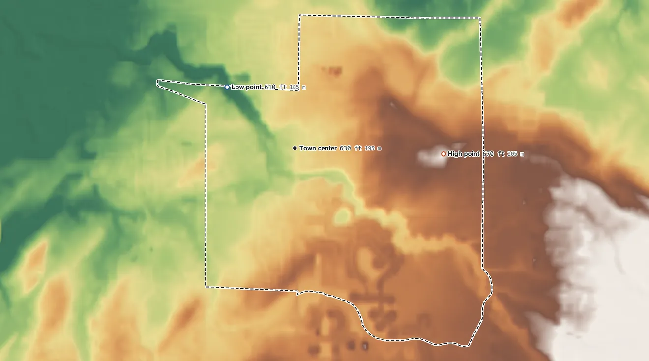 Topographic elevation map of Clarence Center, New York, shaded from 610 ft on the northwest side to 670 ft on the east side