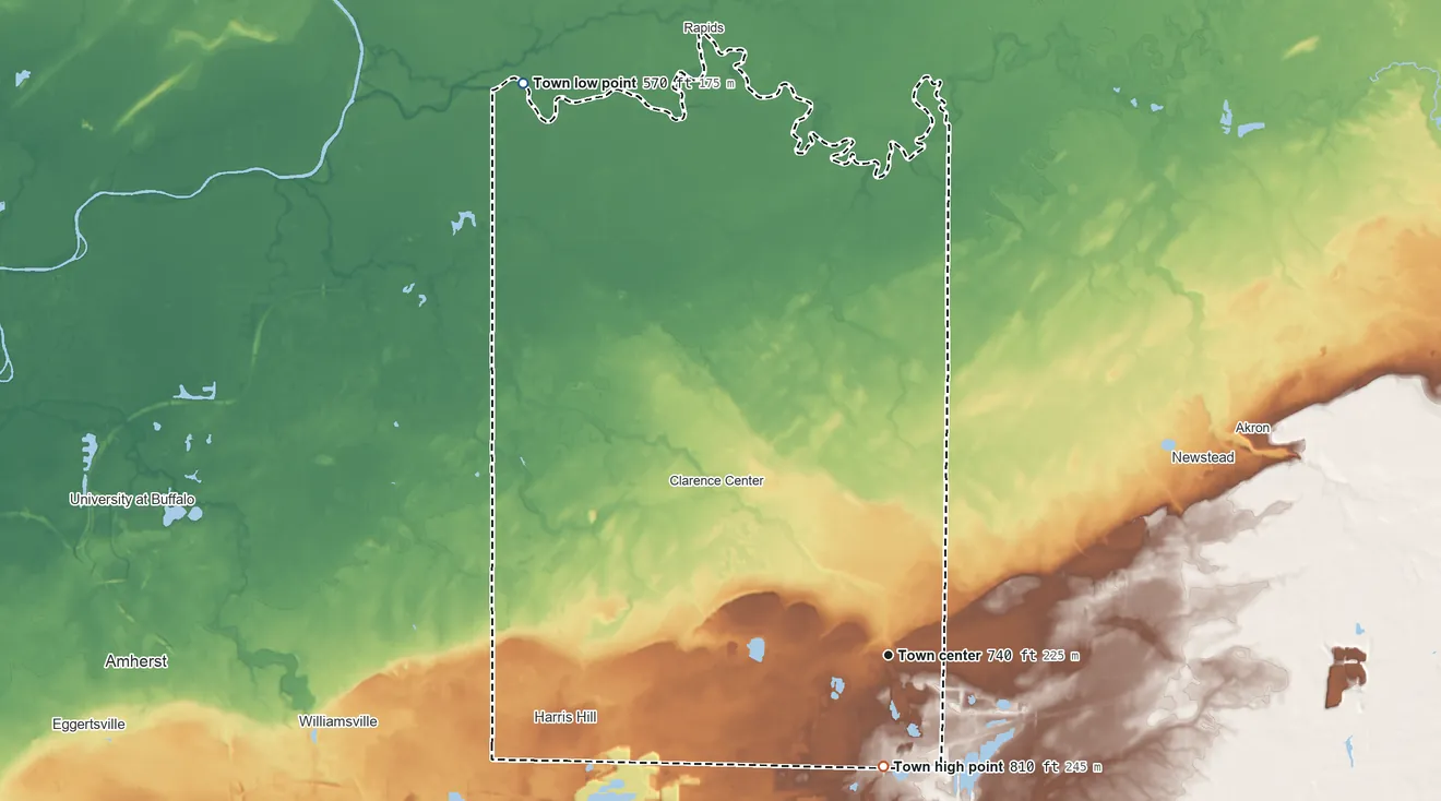 Topographic elevation map of Clarence, New York, shaded from 570 ft on the northwest side to 810 ft on the south side