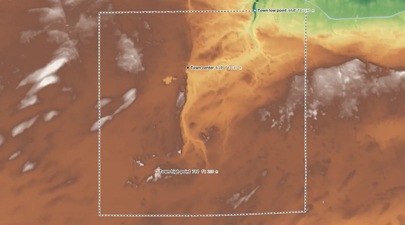 Topographic elevation map of Clarendon, New York, shaded from 460 ft on the northeast side to 700 ft on the south side