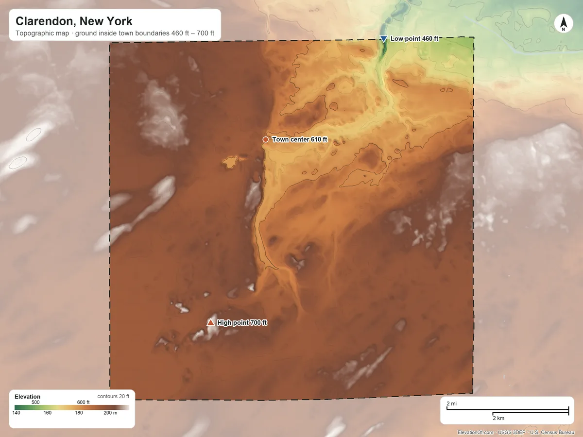 Topographic elevation map of Clarendon, New York, shaded from 460 ft on the northeast side to 700 ft on the south side