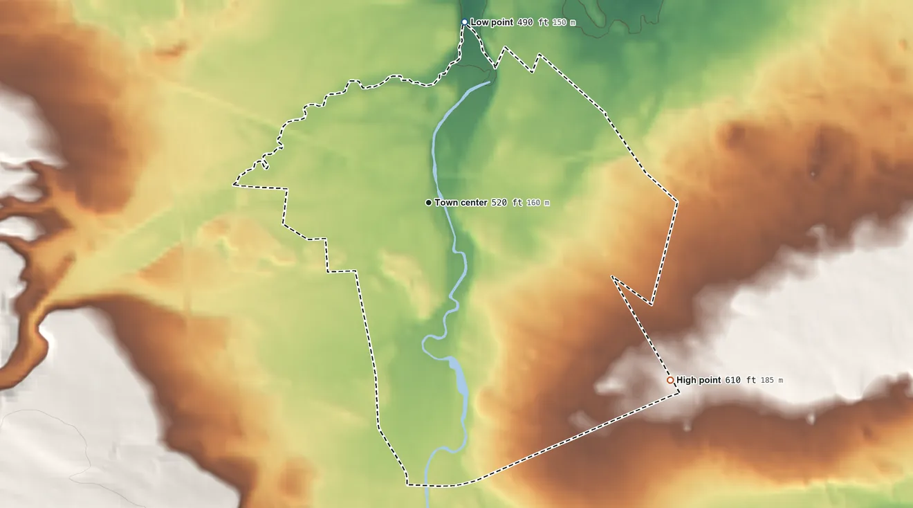 Topographic elevation map of Clark Mills, New York, shaded from 490 ft on the north side to 610 ft on the southeast side