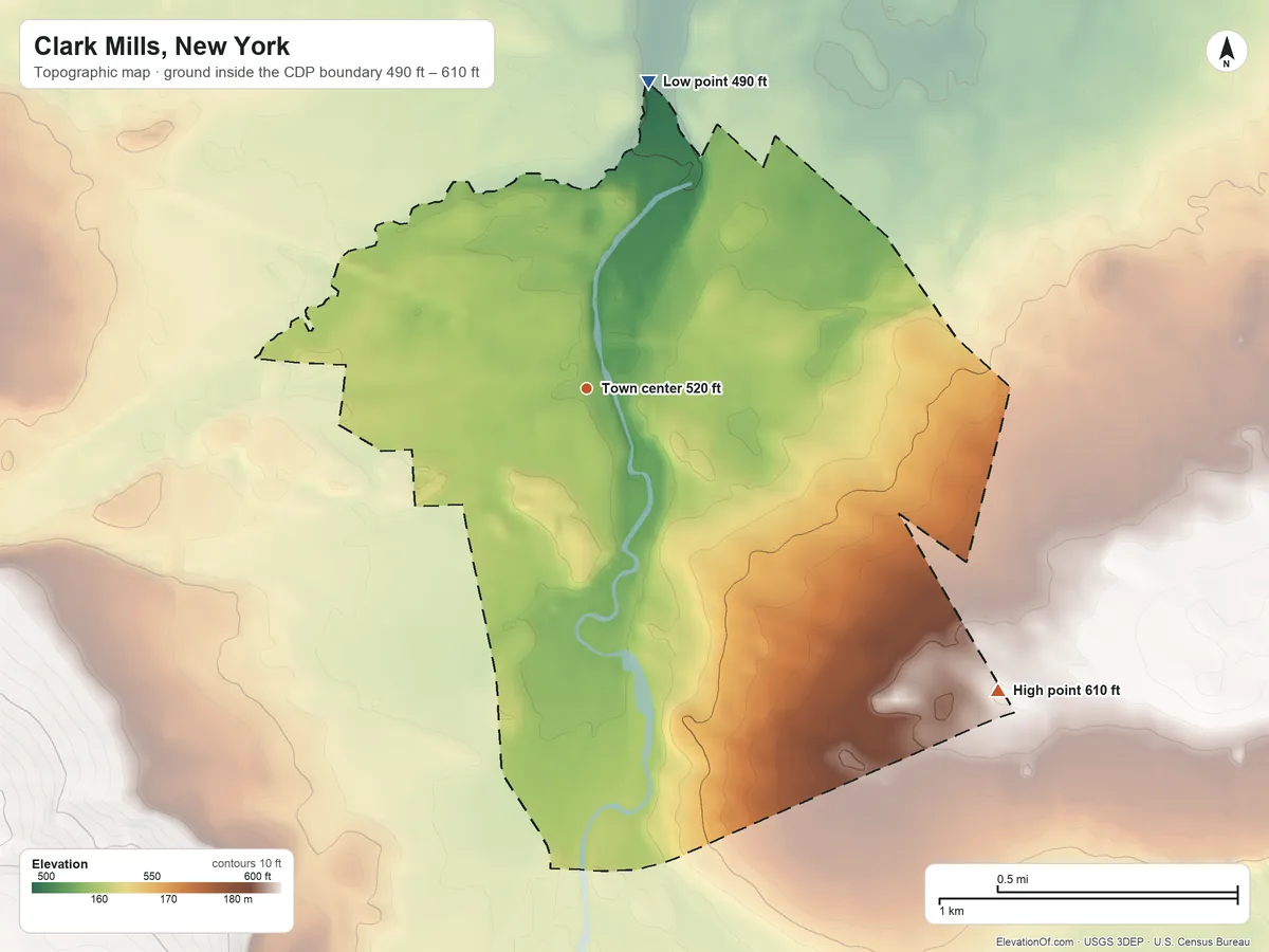 Topographic elevation map of Clark Mills, New York, shaded from 490 ft on the north side to 610 ft on the southeast side