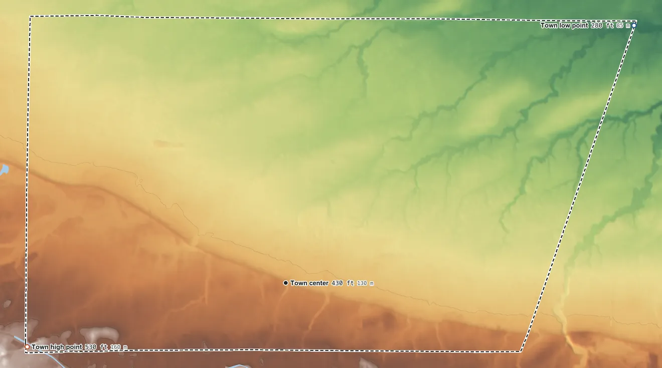 Topographic elevation map of Clarkson, New York, shaded from 280 ft on the northeast side to 530 ft on the west side