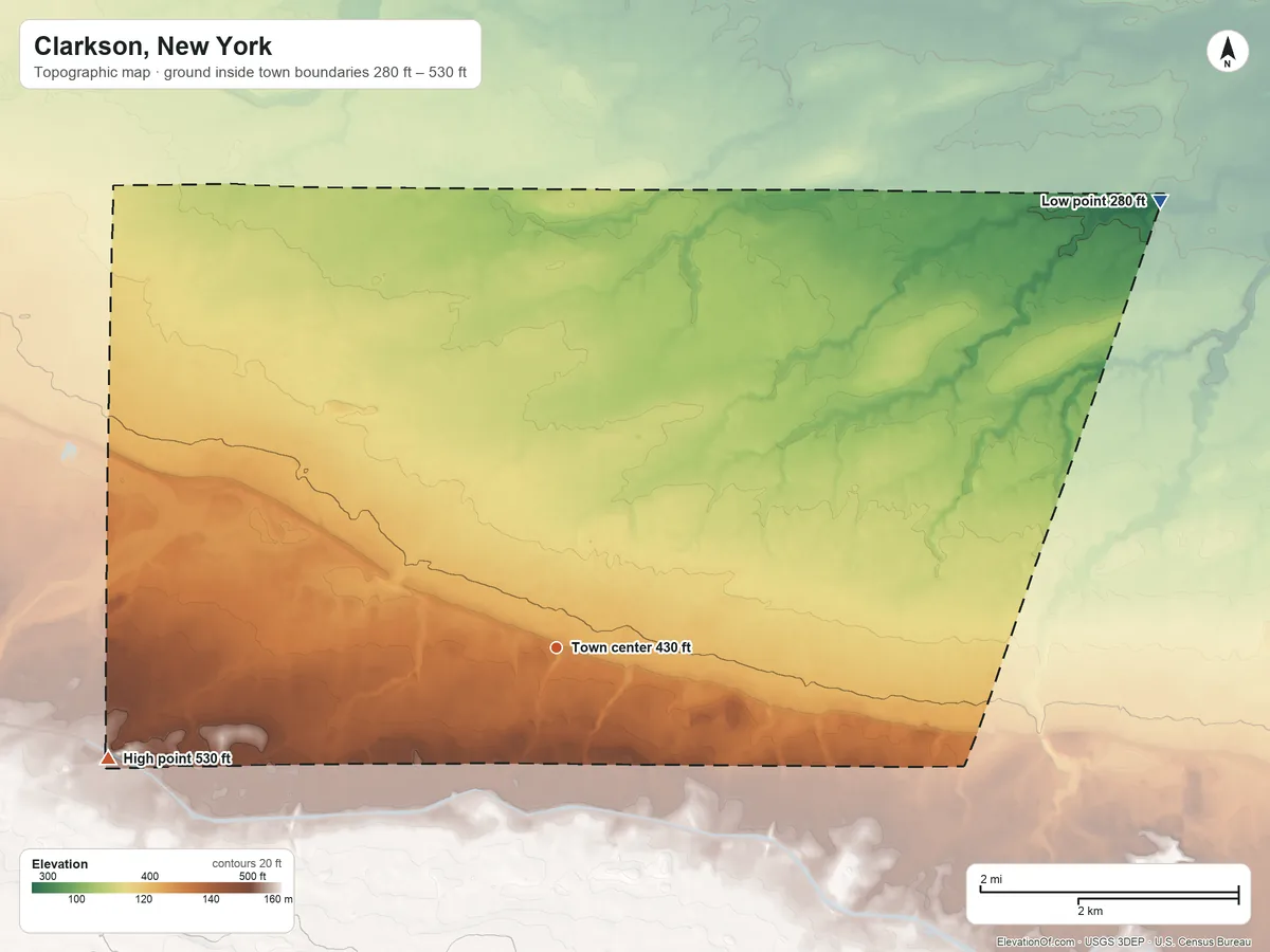 Topographic elevation map of Clarkson, New York, shaded from 280 ft on the northeast side to 530 ft on the west side
