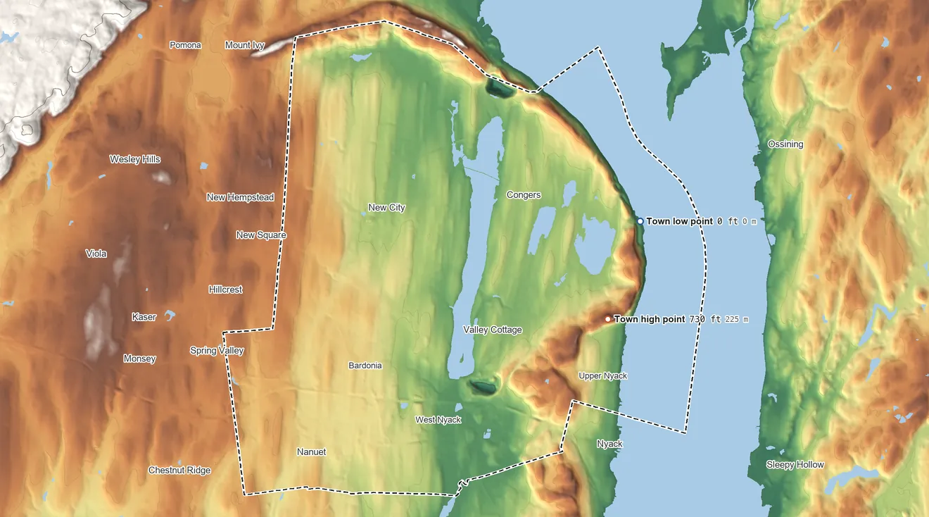 Topographic elevation map of Clarkstown, New York, shaded from 0 ft on the east side to 733 ft on Hook Mountain