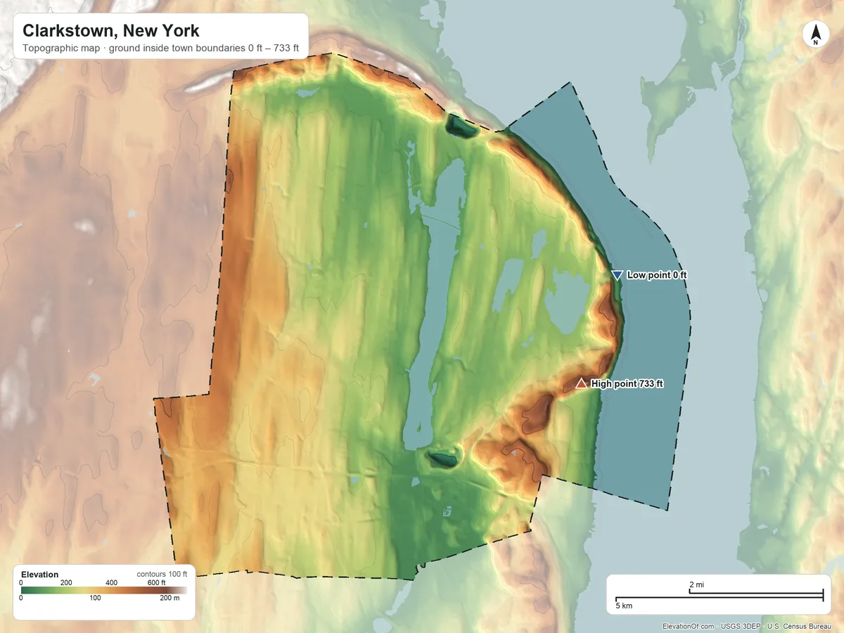 Topographic elevation map of Clarkstown, New York, shaded from 0 ft on the east side to 733 ft on Hook Mountain