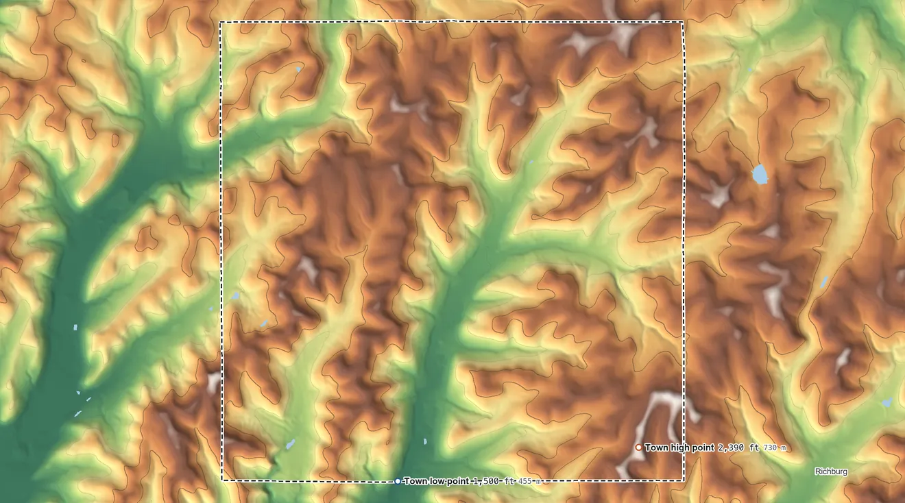 Topographic elevation map of Clarksville, New York, shaded from 1,500 ft on the south side to 2,390 ft on the southeast side