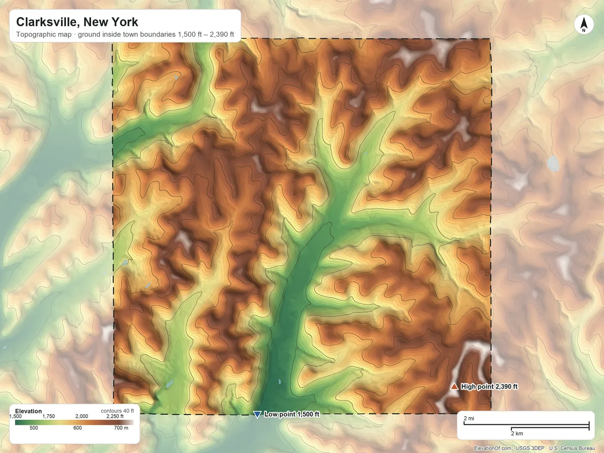 Topographic elevation map of Clarksville, New York, shaded from 1,500 ft on the south side to 2,390 ft on the southeast side